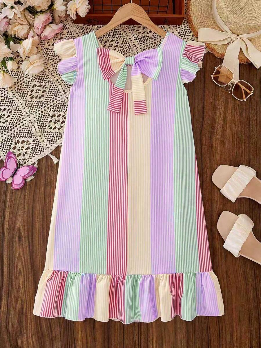 Tween girls apricot vacation midi dress featuring a round neck, cut out details, ruffle flounce accents, and geometric pattern.