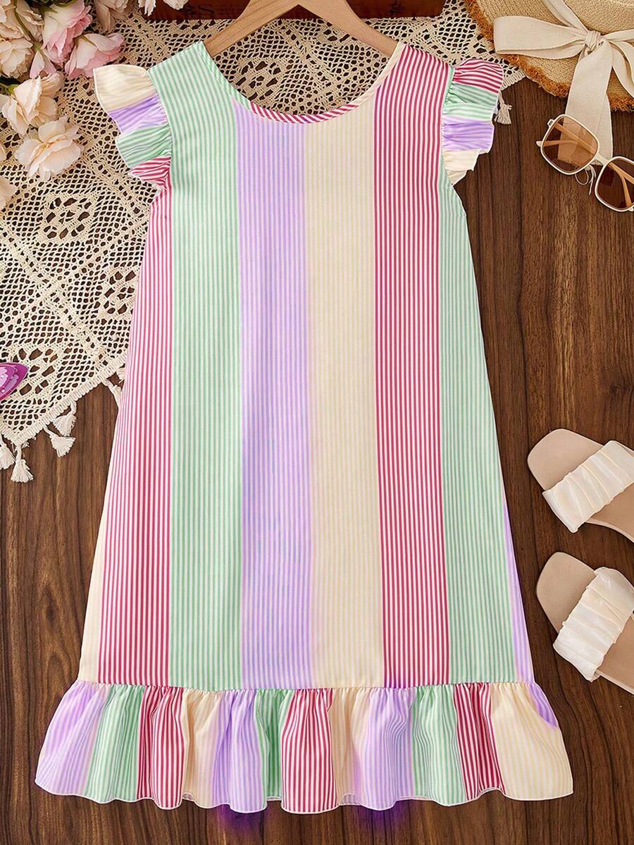 Tween girls apricot vacation midi dress featuring a round neck, cut out details, ruffle flounce accents, and geometric pattern.