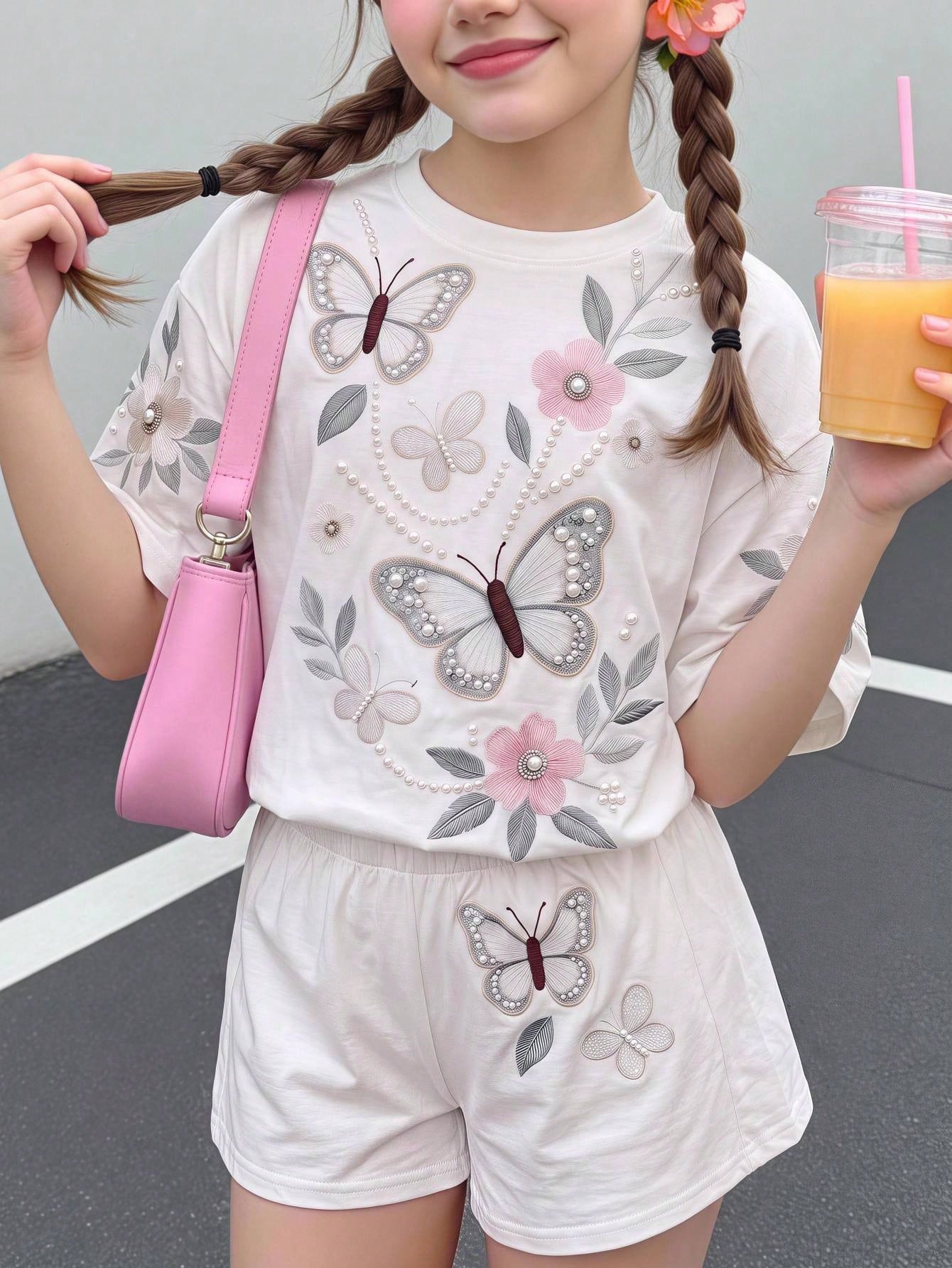 Tween girl wearing a black and white striped drop-shoulder crew neck t-shirt with bow embroidery paired with matching tie-waist shorts.