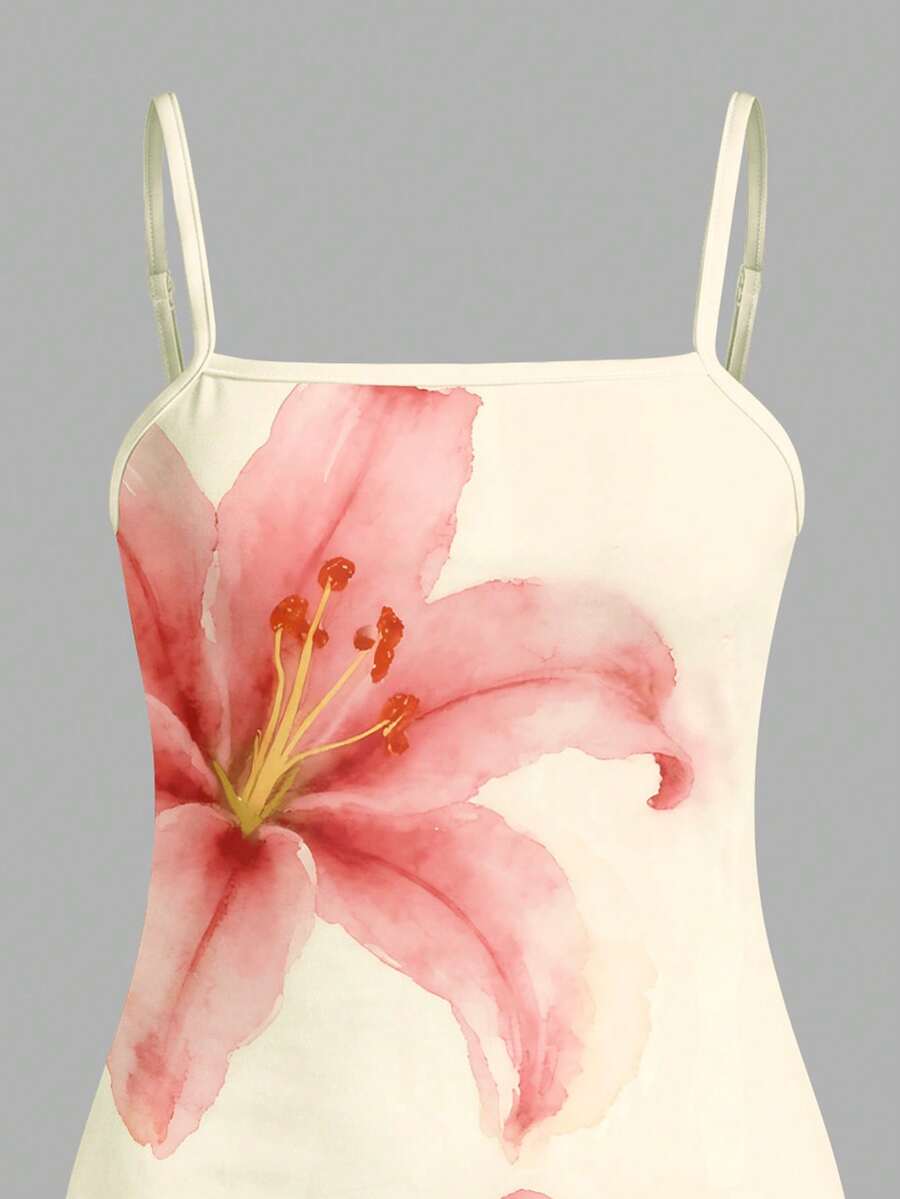Tween girls multicolor floral midi cami dress with spaghetti straps, sleeveless design, loose fit, and vacation-inspired plant print.