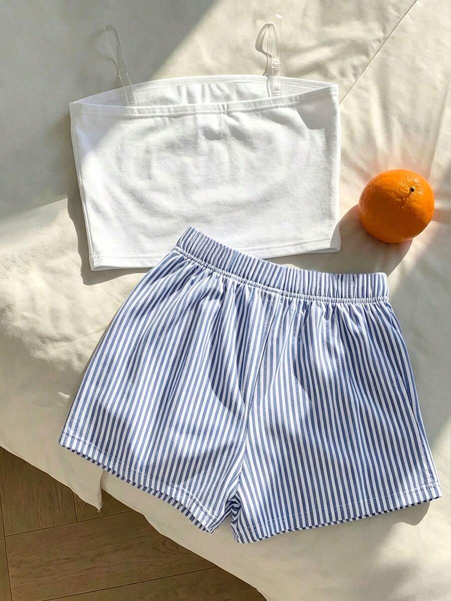 Tween girls two-piece summer outfit featuring a brown strapless tube top with contrast pink tape accent and matching brown shorts with pockets.