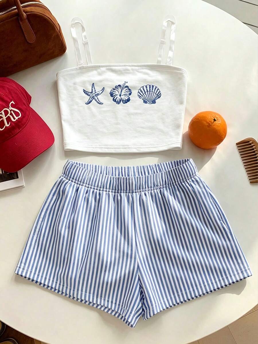 Tween girls two-piece summer outfit featuring a brown strapless tube top with contrast pink tape accent and matching brown shorts with pockets.