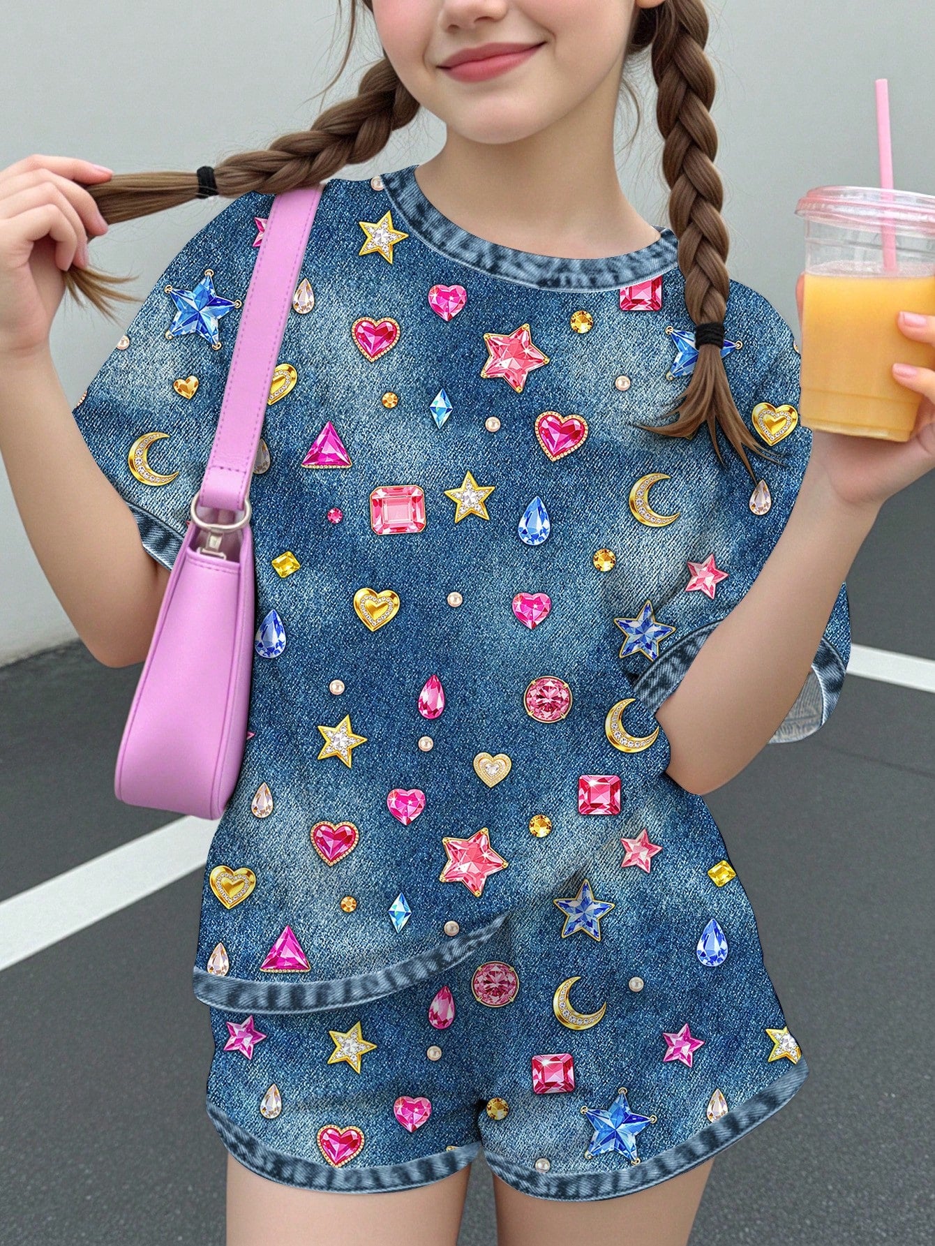 Multicolor heart print short sleeve top and loose shorts 2-piece set for tween girls