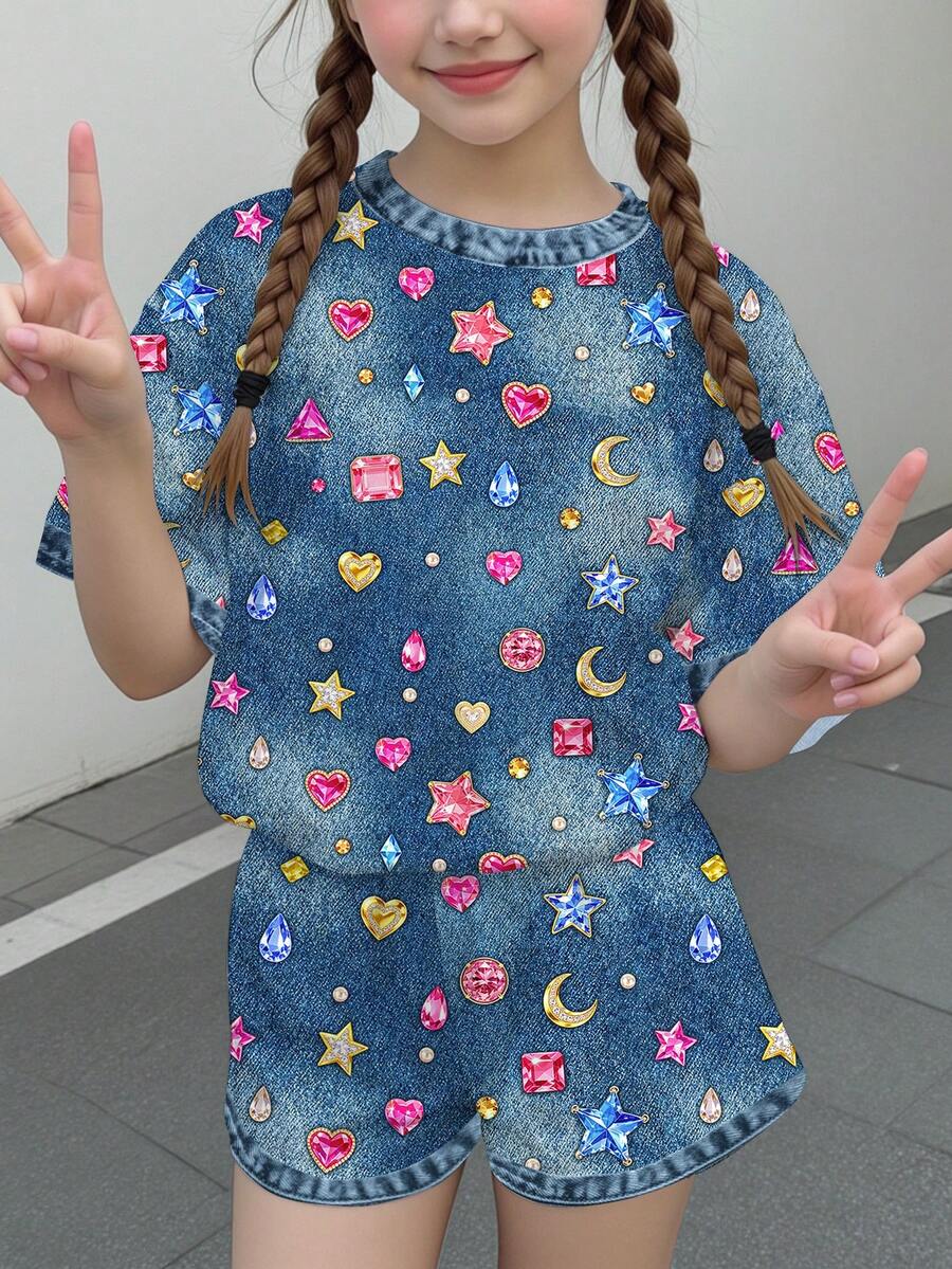 Multicolor heart print short sleeve top and loose shorts 2-piece set for tween girls