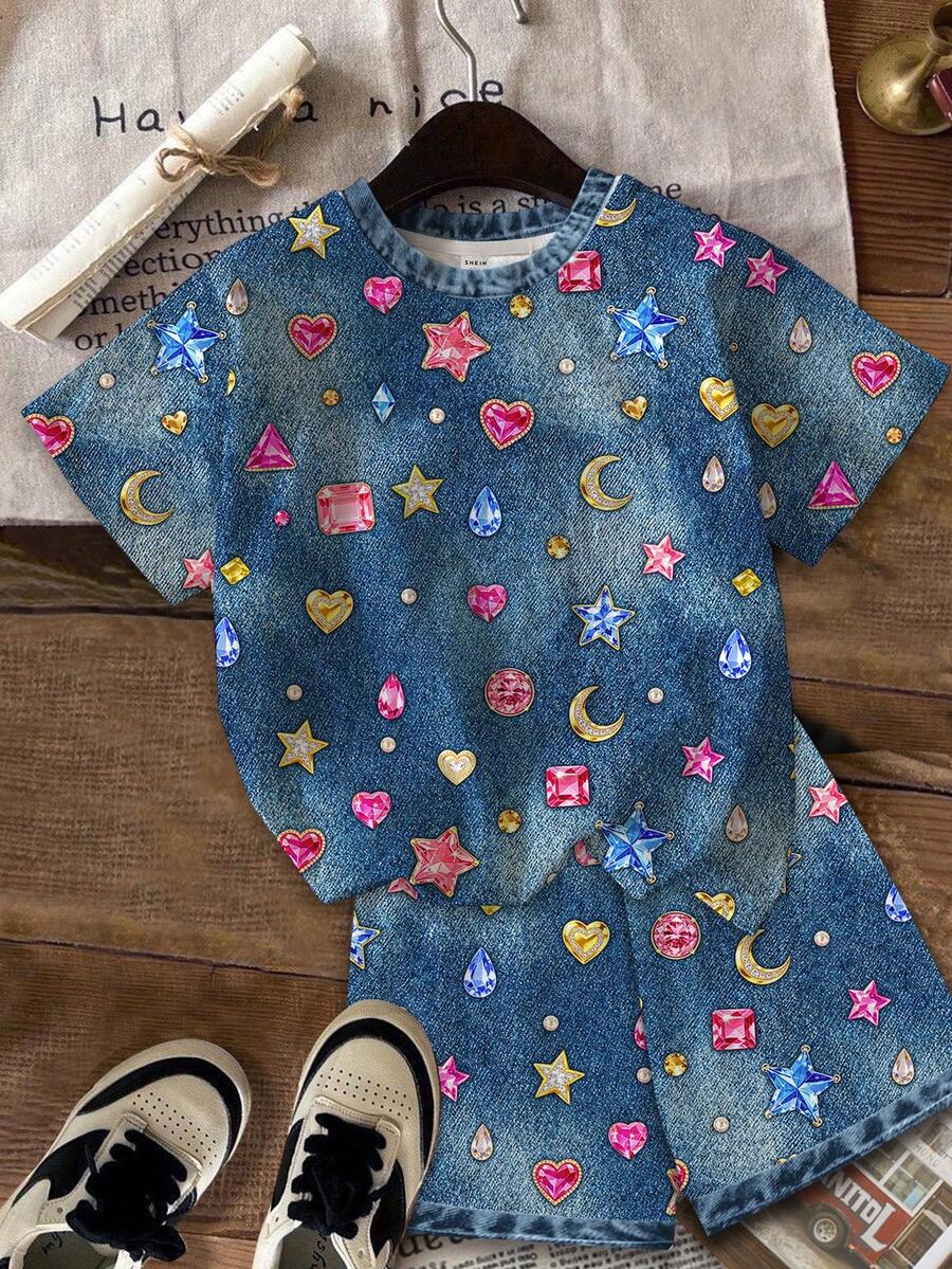 Multicolor heart print short sleeve top and loose shorts 2-piece set for tween girls
