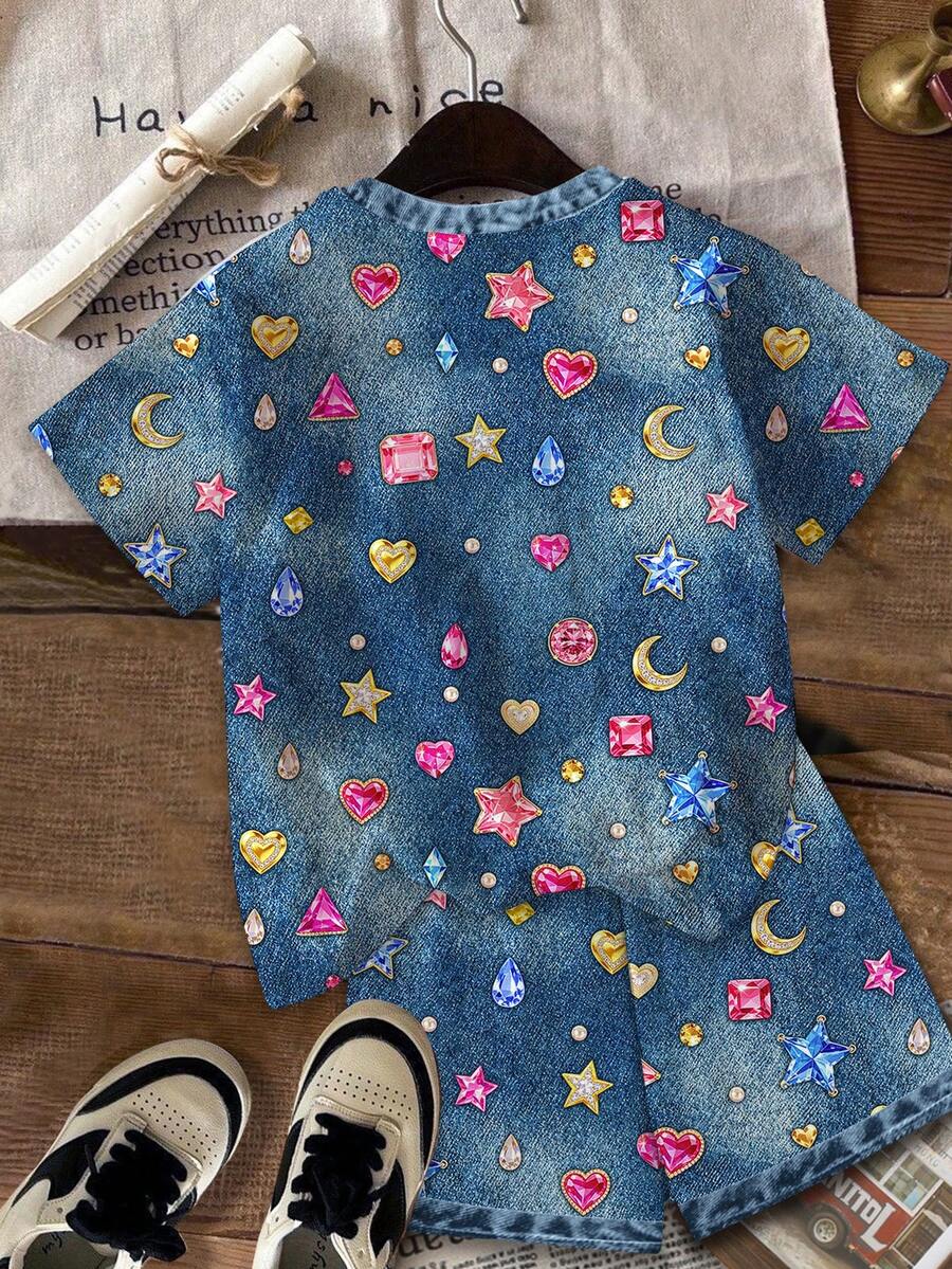 Multicolor heart print short sleeve top and loose shorts 2-piece set for tween girls