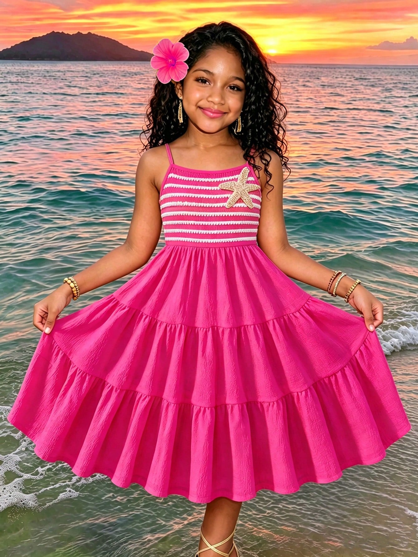 Tween girls yellow sleeveless cami dress with spaghetti straps, high waist, tiered layered skirt, shirred detail, zipper closure, and casual vacation style.