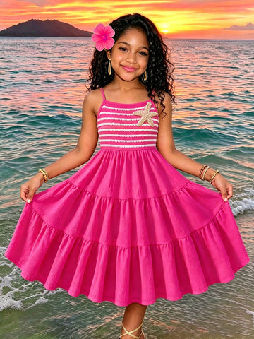 Tween girls yellow sleeveless cami dress with spaghetti straps, high waist, tiered layered skirt, shirred detail, zipper closure, and casual vacation style.