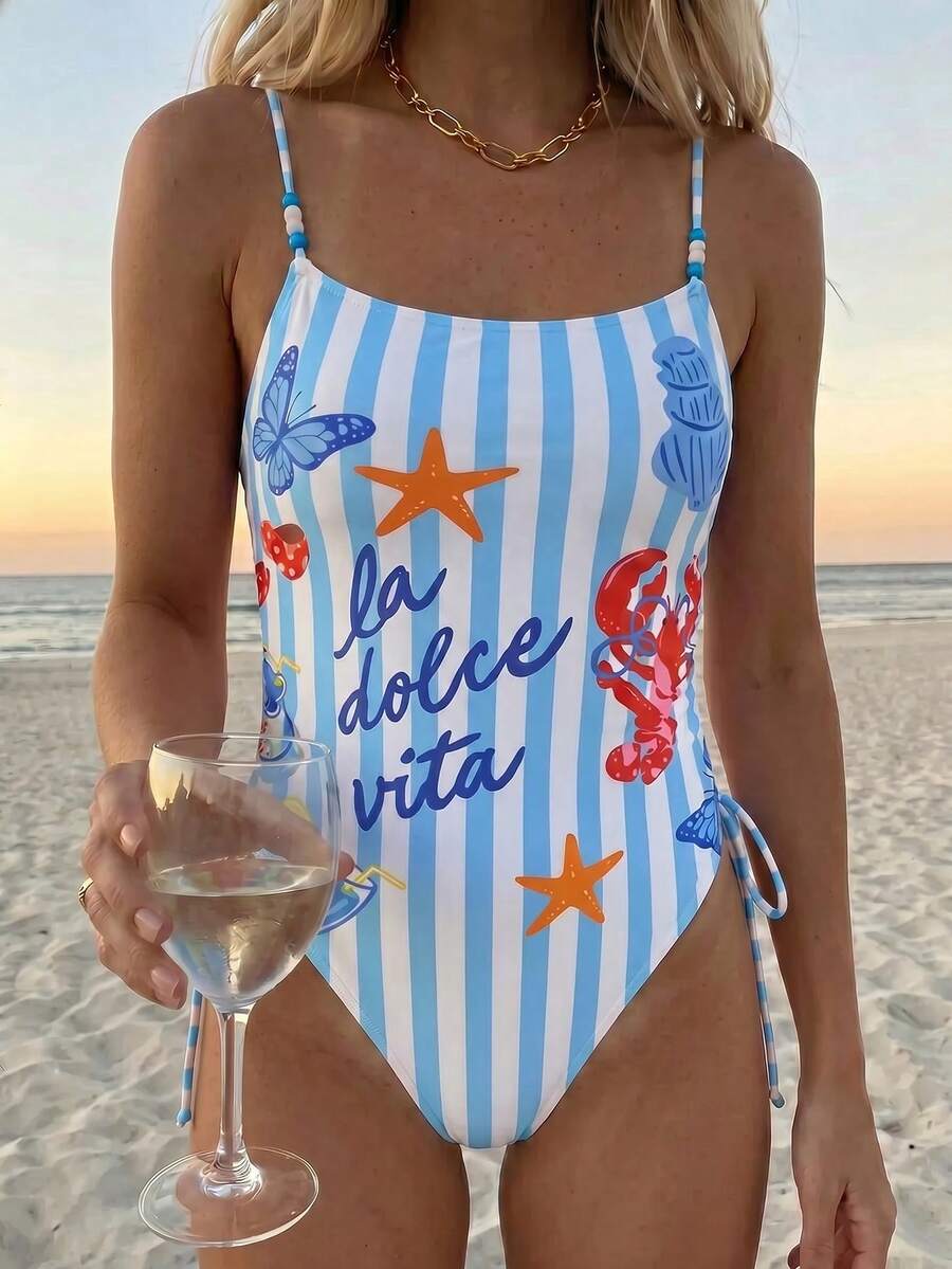 Women's blue backless one-piece swimsuit featuring spaghetti straps, wireless bra with removable padding, and drawstring details.
