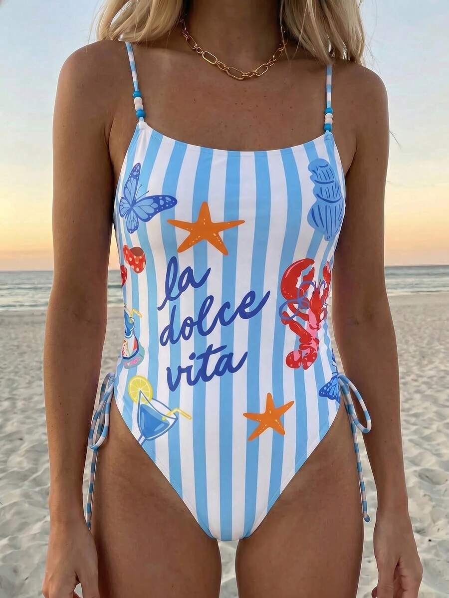 Women's blue backless one-piece swimsuit featuring spaghetti straps, wireless bra with removable padding, and drawstring details.
