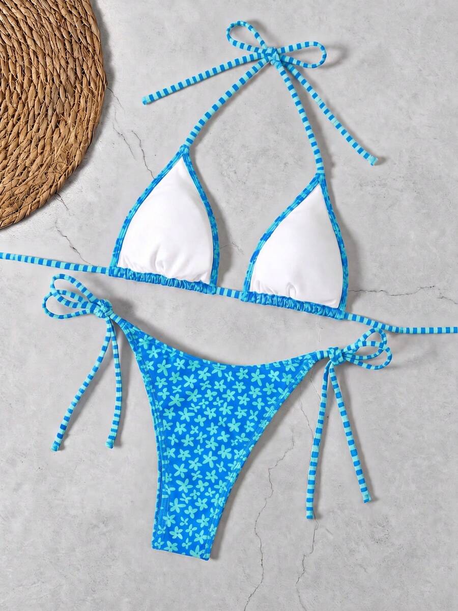Women's black halter bikini set featuring triangle cups with gold bead decor and tie-back closure