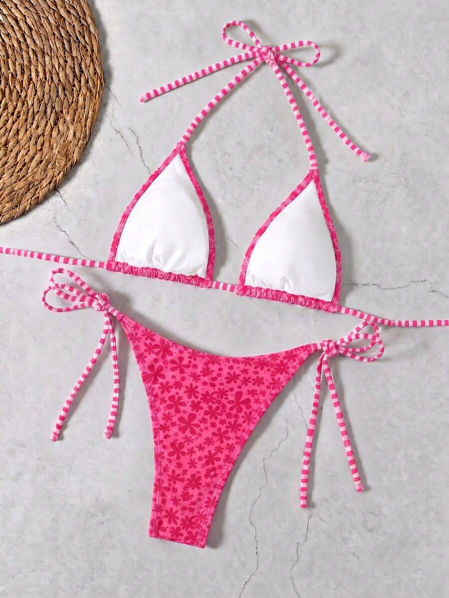 Women's black halter bikini set featuring triangle cups with gold bead decor and tie-back closure