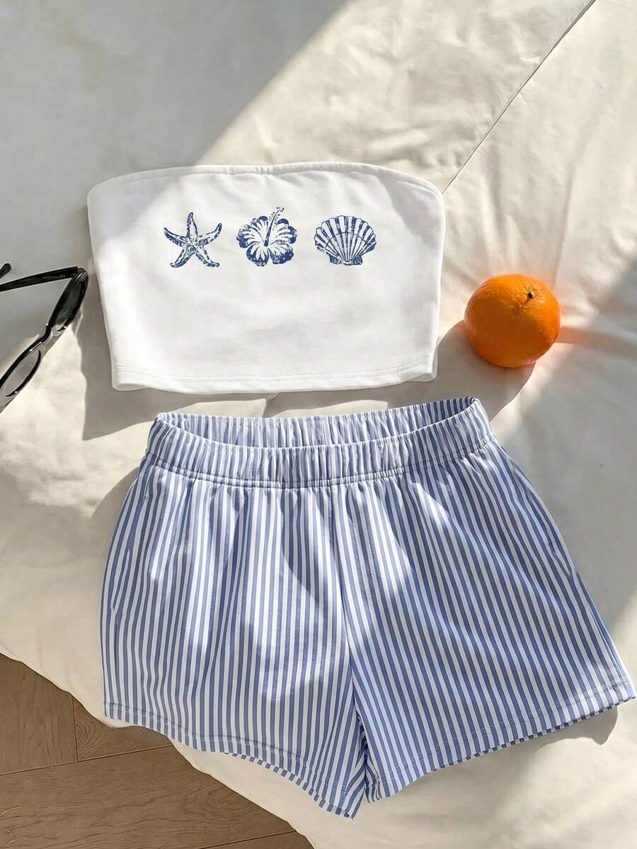 Tween girls two-piece summer outfit featuring a brown strapless tube top with contrast pink tape accent and matching brown shorts with pockets.