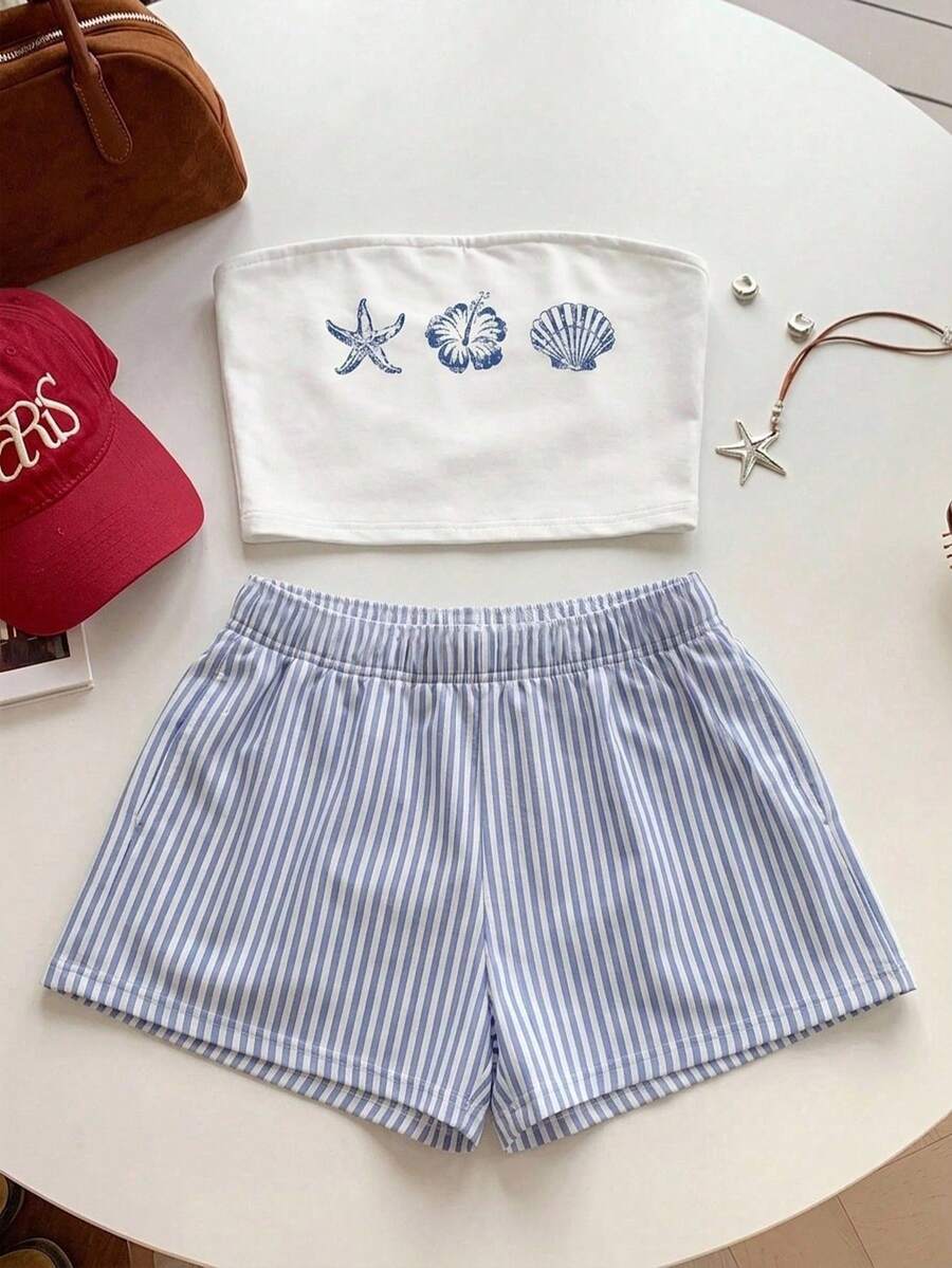 Tween girls two-piece summer outfit featuring a brown strapless tube top with contrast pink tape accent and matching brown shorts with pockets.