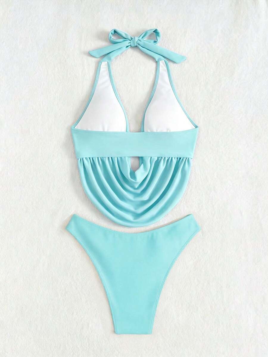Women's 2-piece bikini set featuring a black deep V-neck lace-up crop top and high cut bikini bottom for beach and vacation wear.