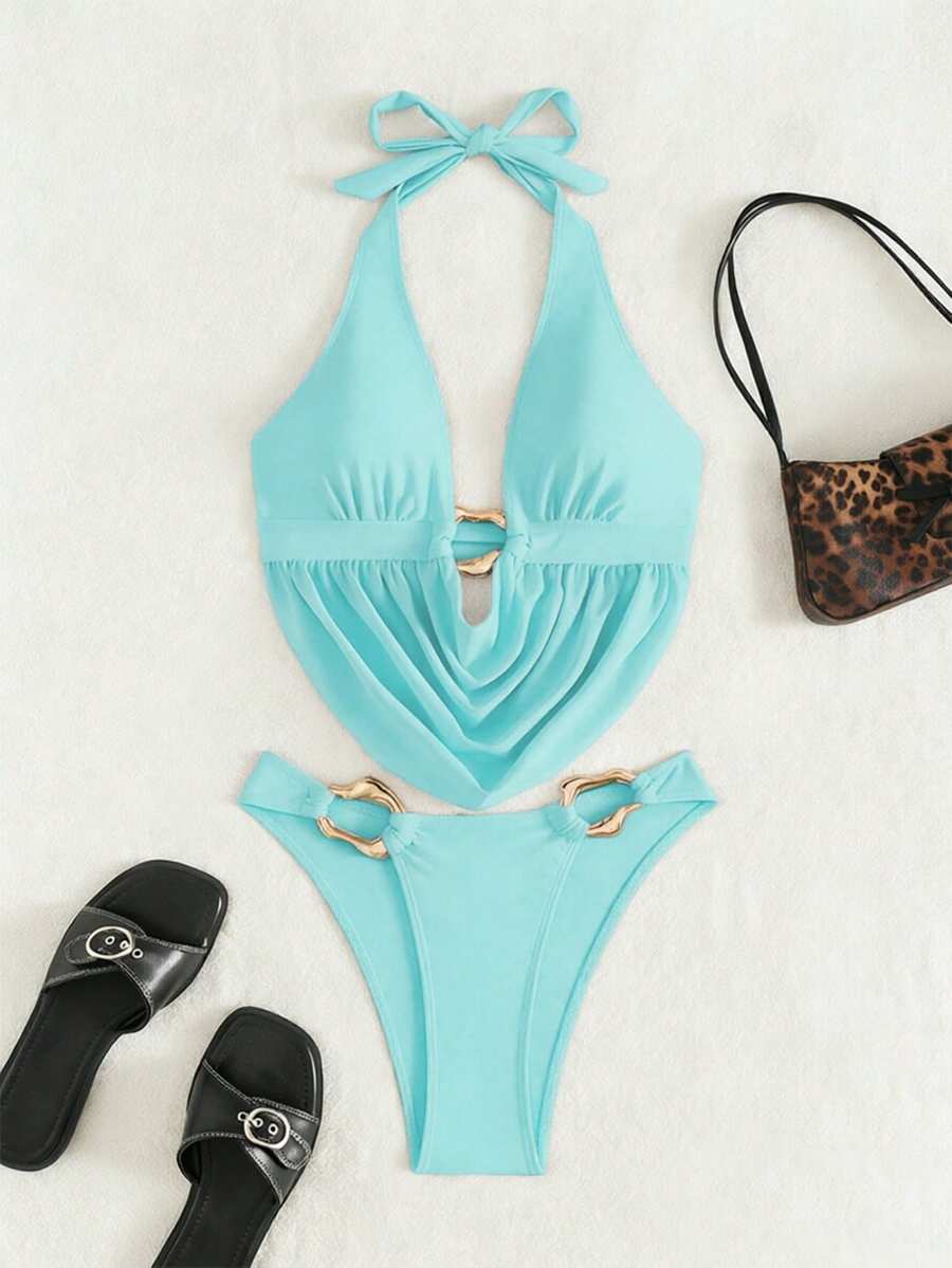 Women's 2-piece bikini set featuring a black deep V-neck lace-up crop top and high cut bikini bottom for beach and vacation wear.
