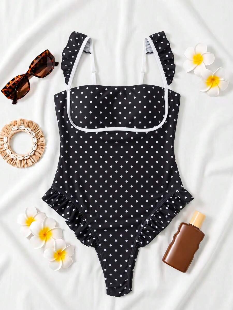 Black colorblock women's one-piece swimsuit with spaghetti straps and high stretch fabric.