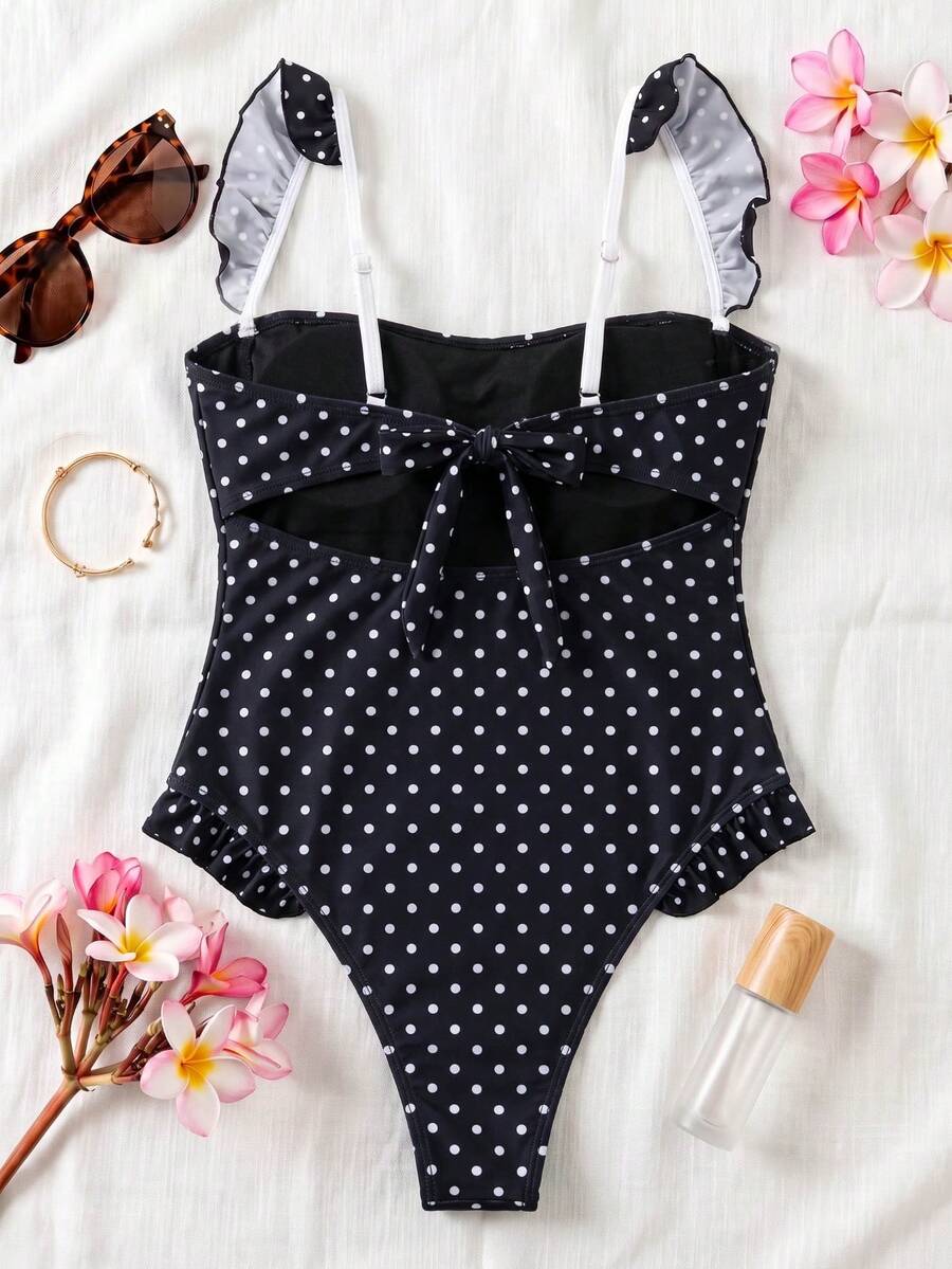 Black colorblock women's one-piece swimsuit with spaghetti straps and high stretch fabric.