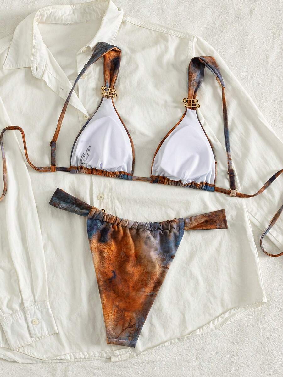 Women's multicolor high waist bikini set with textured pattern, knot details, wireless triangle bra top, and high cut bottoms.