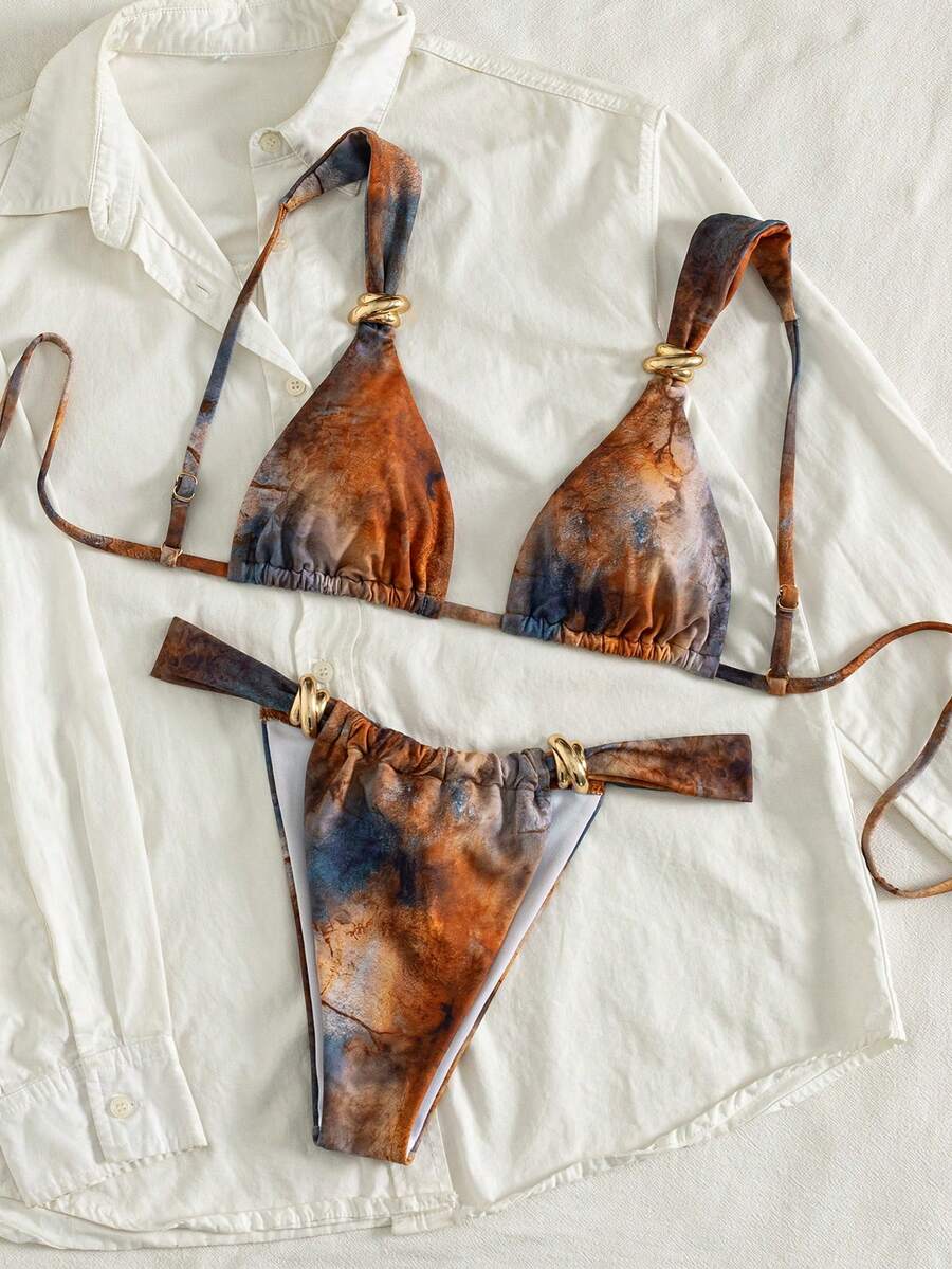 Women's multicolor high waist bikini set with textured pattern, knot details, wireless triangle bra top, and high cut bottoms.