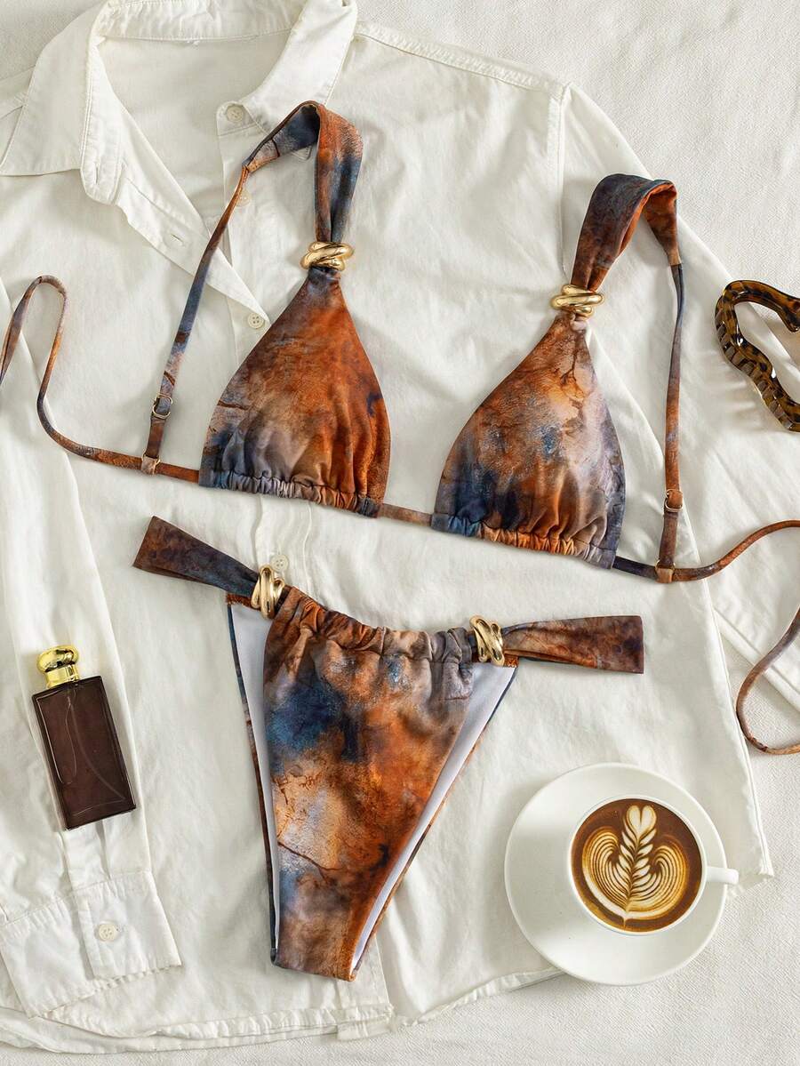 Women's multicolor high waist bikini set with textured pattern, knot details, wireless triangle bra top, and high cut bottoms.