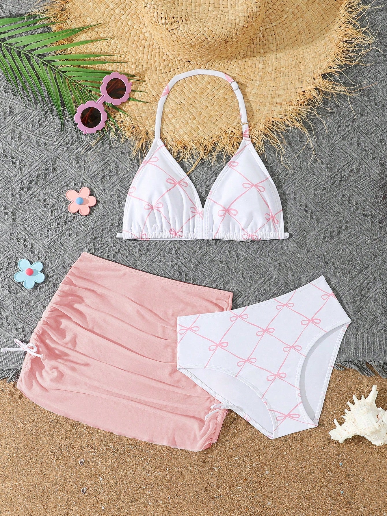 Tween Girls 3-Piece Bikini Set,Brown Polko Dot,Cute,Summer,Beach,Vacation,Holiday,Pink Striped Halter Top,Adjustable Back,Skirt Bottoms,Bathing Suits