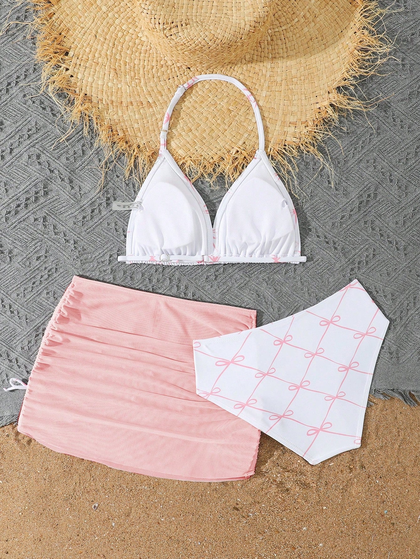 Tween Girls 3-Piece Bikini Set,Brown Polko Dot,Cute,Summer,Beach,Vacation,Holiday,Pink Striped Halter Top,Adjustable Back,Skirt Bottoms,Bathing Suits