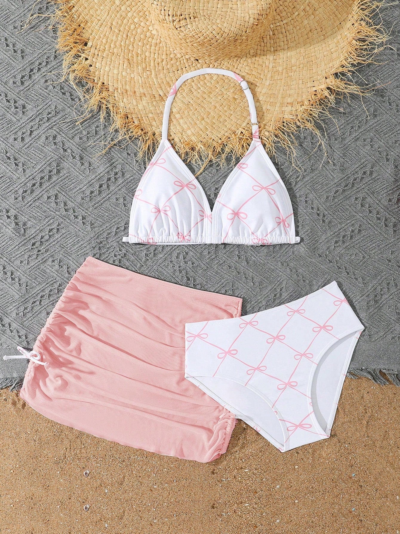 Tween Girls 3-Piece Bikini Set,Brown Polko Dot,Cute,Summer,Beach,Vacation,Holiday,Pink Striped Halter Top,Adjustable Back,Skirt Bottoms,Bathing Suits