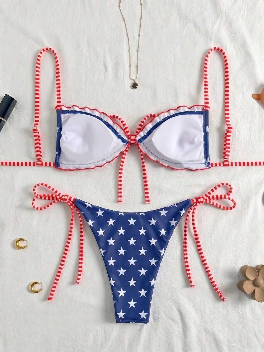 Women's beige two-piece bikini set featuring a wireless top with removable padding, spaghetti straps, tie back detail, and low waist hipster swimsuit bottoms.