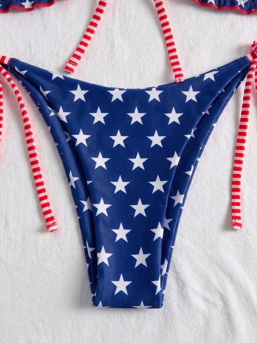 Women's beige two-piece bikini set featuring a wireless top with removable padding, spaghetti straps, tie back detail, and low waist hipster swimsuit bottoms.