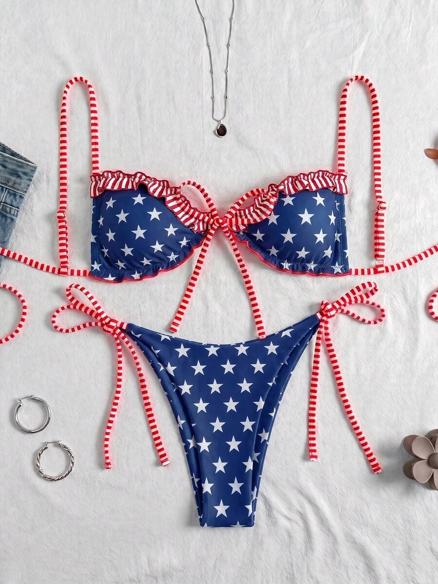 Women's beige two-piece bikini set featuring a wireless top with removable padding, spaghetti straps, tie back detail, and low waist hipster swimsuit bottoms.