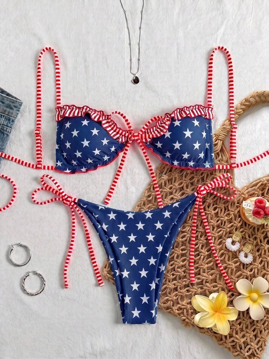 Women's beige two-piece bikini set featuring a wireless top with removable padding, spaghetti straps, tie back detail, and low waist hipster swimsuit bottoms.
