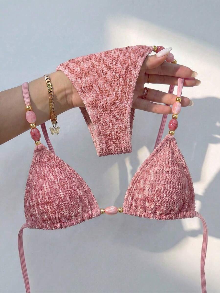 Multicolor textured beaded halter bikini set for women featuring wireless triangle cups with removable padding and ultra low waist tie side bottoms.
