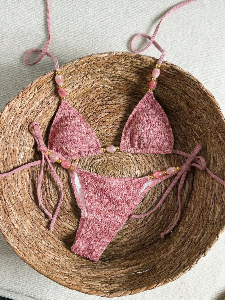 Multicolor textured beaded halter bikini set for women featuring wireless triangle cups with removable padding and ultra low waist tie side bottoms.