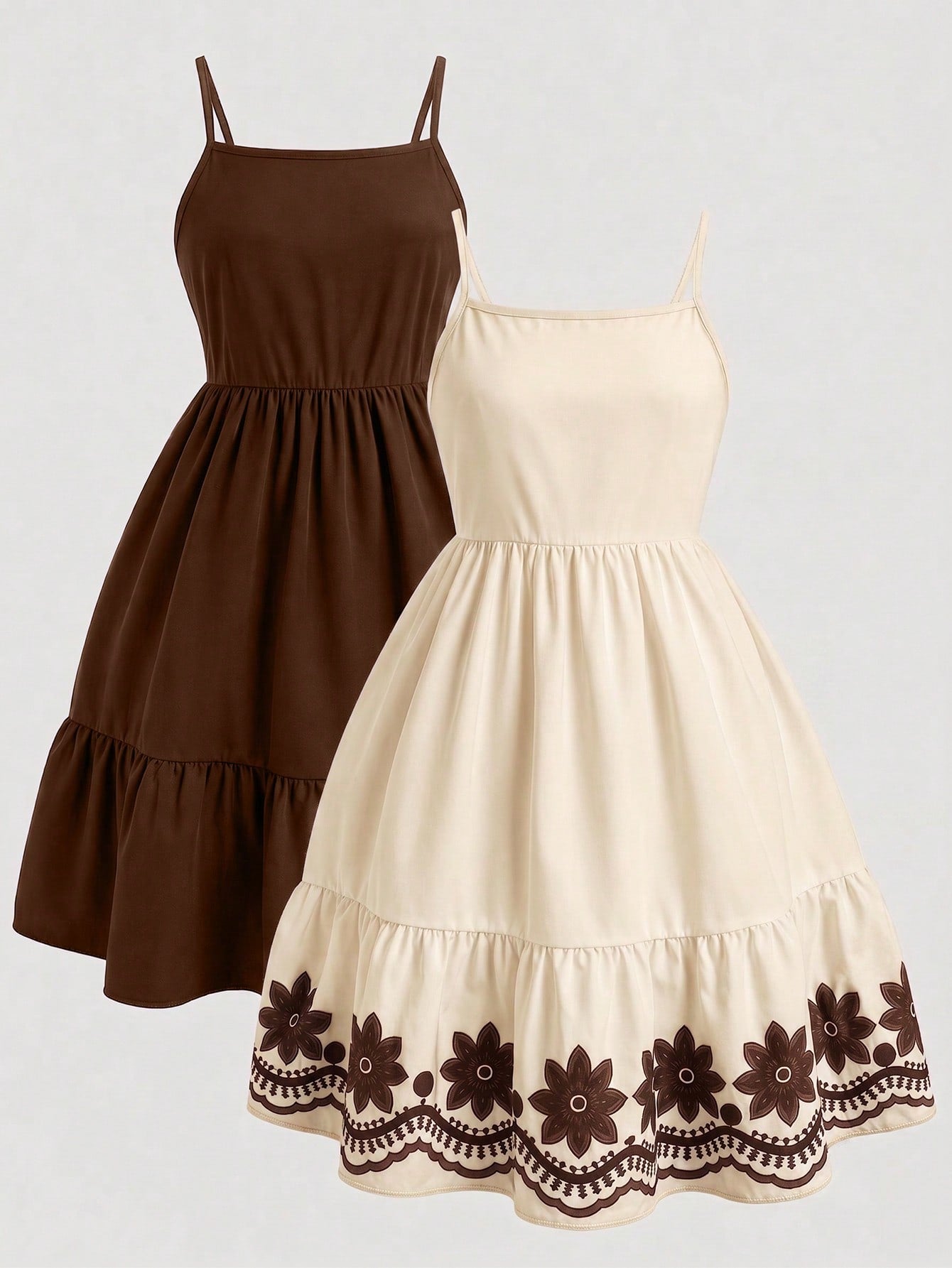 Tween girl blue plant print spaghetti strap cami dress with shirred high waist and flounce ruffled hem