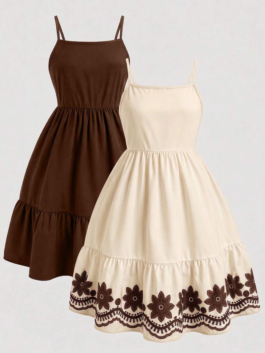 Tween girl blue plant print spaghetti strap cami dress with shirred high waist and flounce ruffled hem