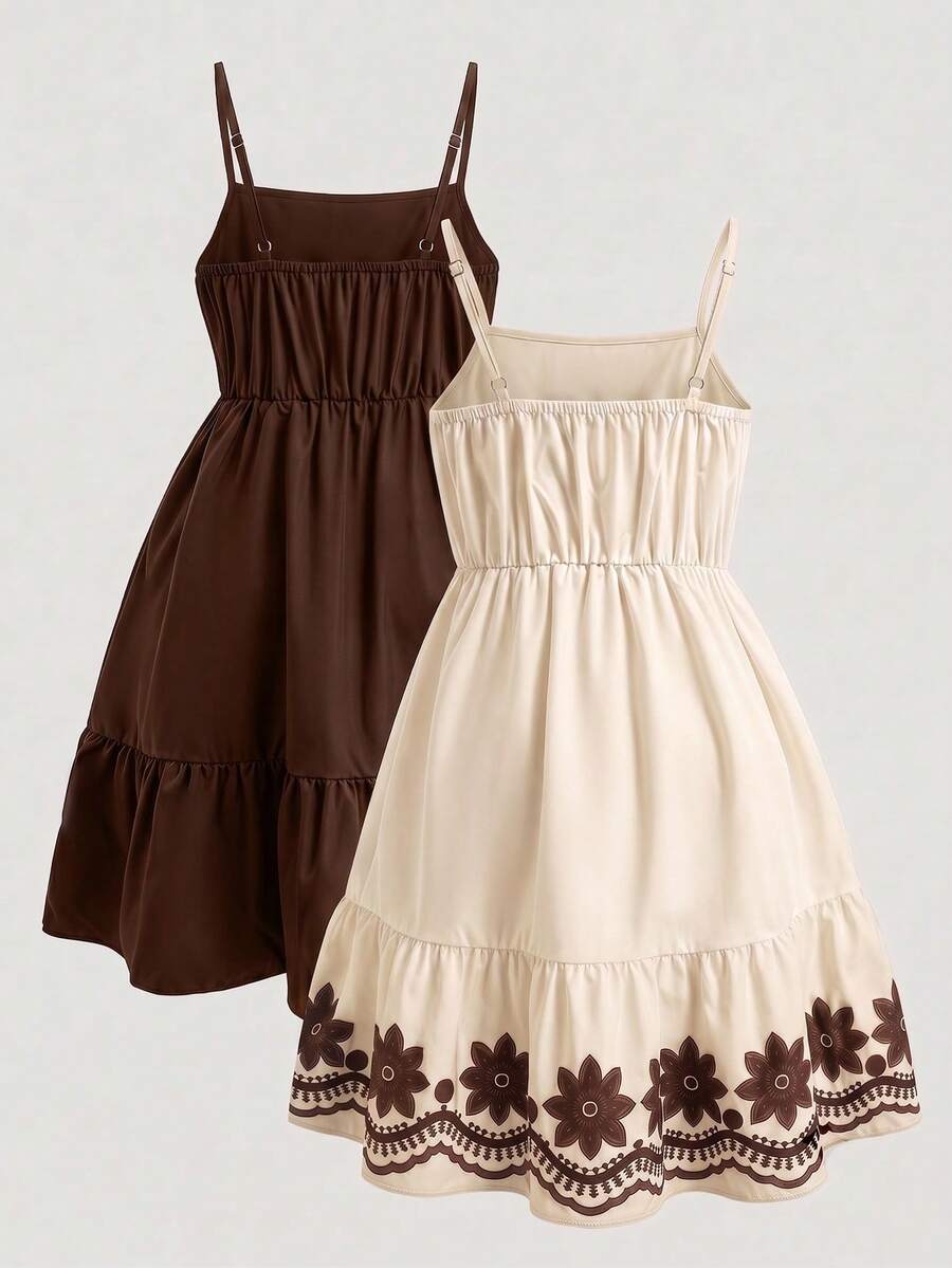 Tween girl blue plant print spaghetti strap cami dress with shirred high waist and flounce ruffled hem