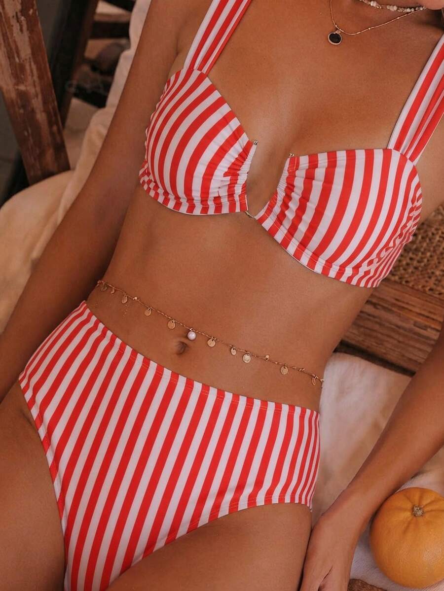 Springbreak black high waist bikini set for women featuring wireless bra top with ruffle lettuce trim and V-wired detail.