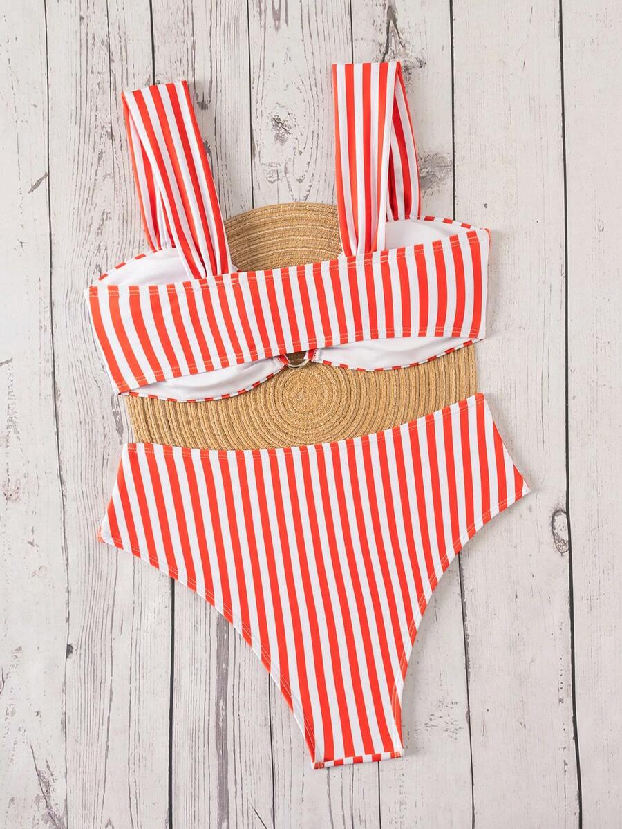 Springbreak black high waist bikini set for women featuring wireless bra top with ruffle lettuce trim and V-wired detail.