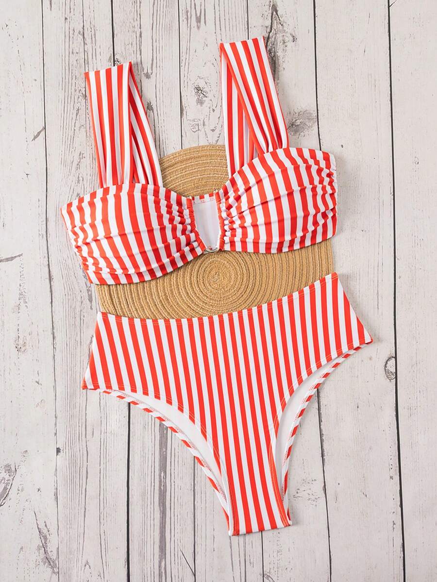 Springbreak black high waist bikini set for women featuring wireless bra top with ruffle lettuce trim and V-wired detail.