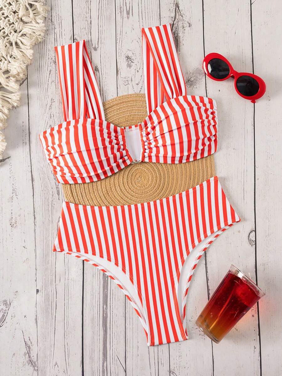 Springbreak black high waist bikini set for women featuring wireless bra top with ruffle lettuce trim and V-wired detail.