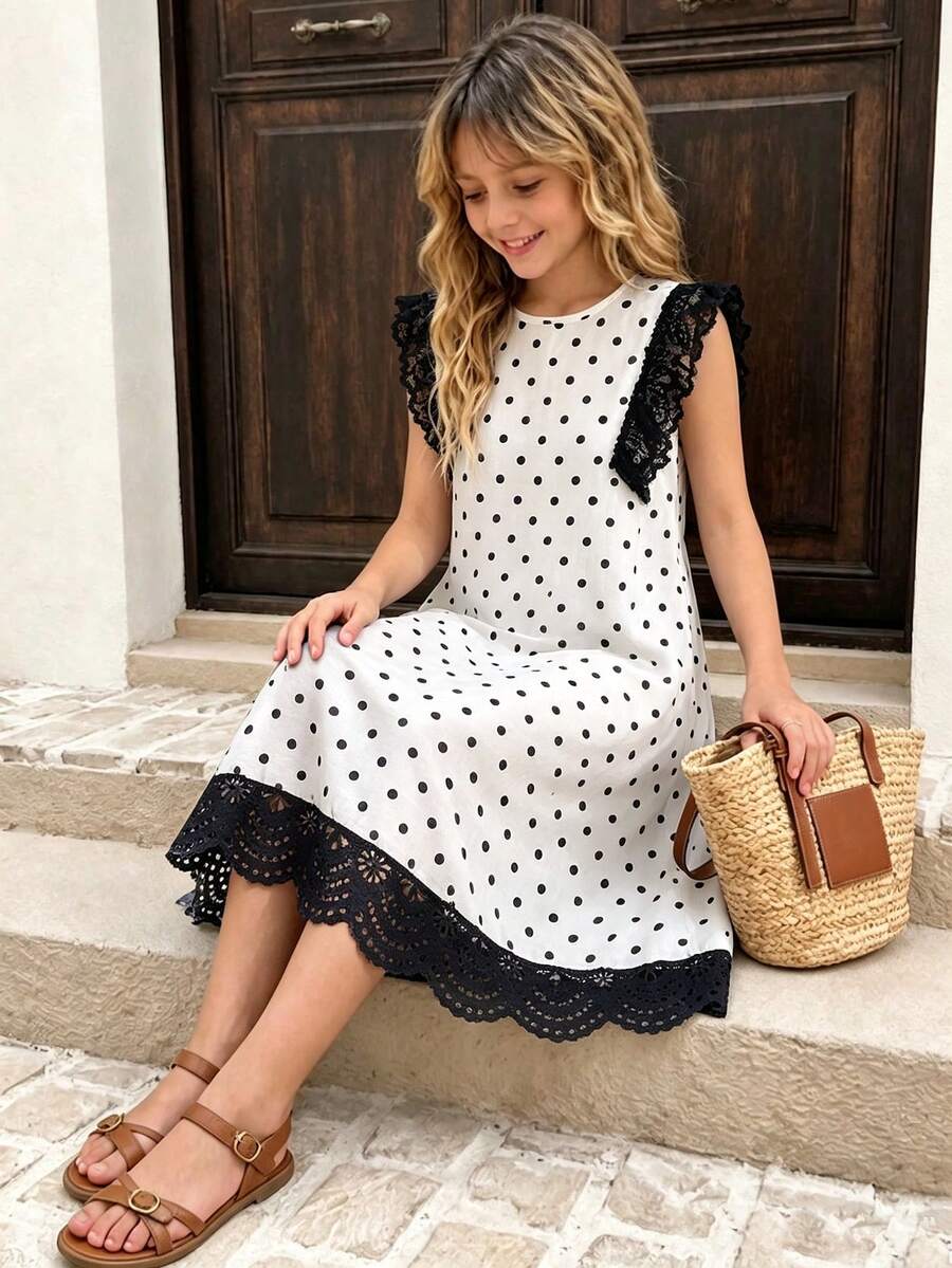 Tween girls apricot vacation midi dress featuring a round neck, cut out details, ruffle flounce accents, and geometric pattern.