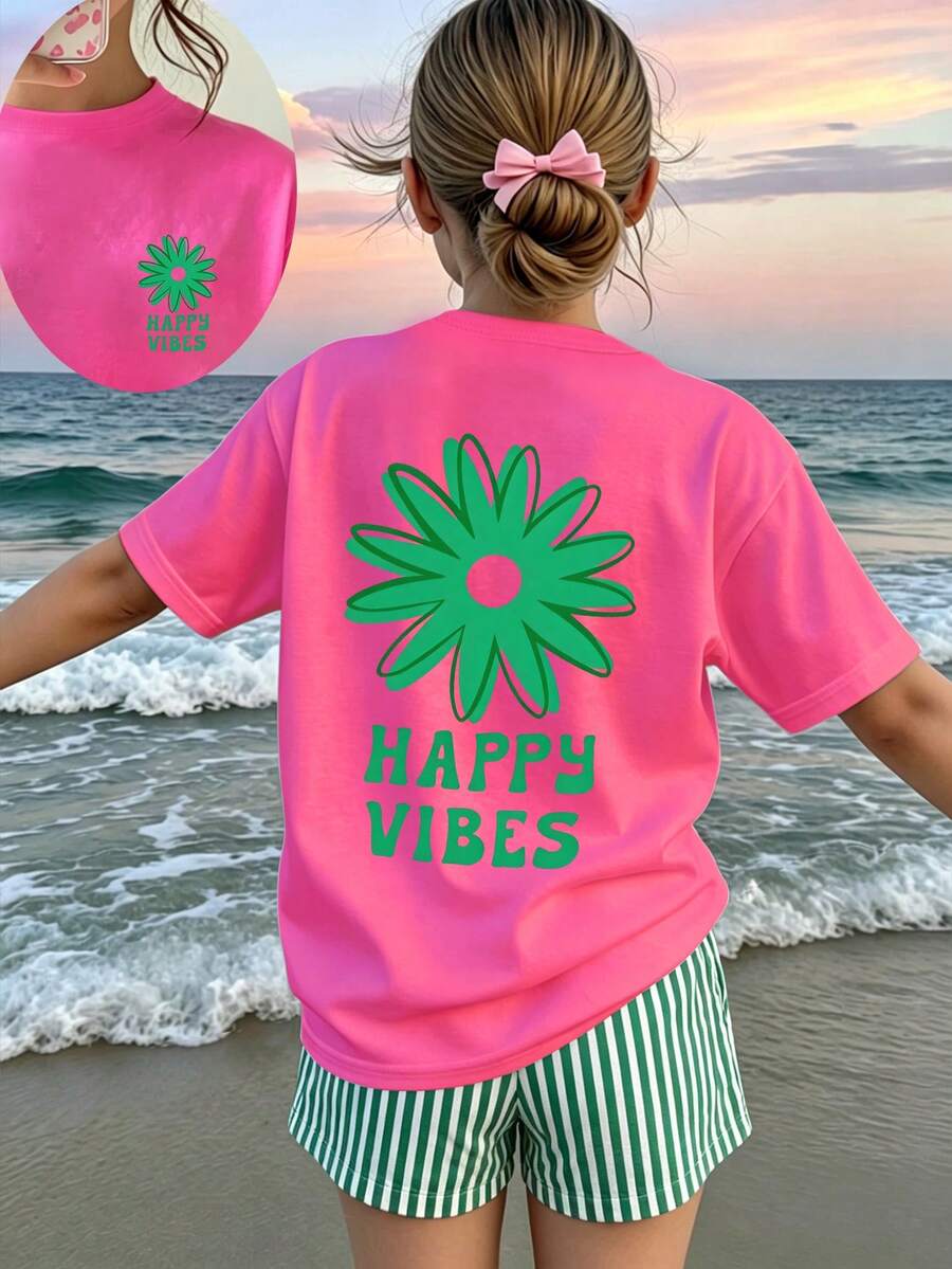 Girls' multicolor short sleeve T-shirt and shorts set featuring a cute cherry and bow print with round neck top and matching shorts.