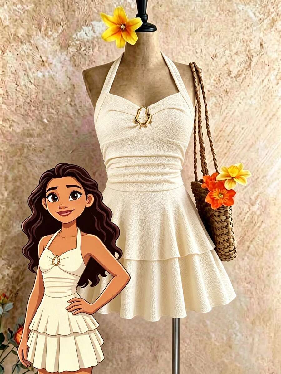 Tween girls apricot sleeveless halter mini dress with textured starfish and shell decor, shirred tiered layer, high waist, and flounce hem.