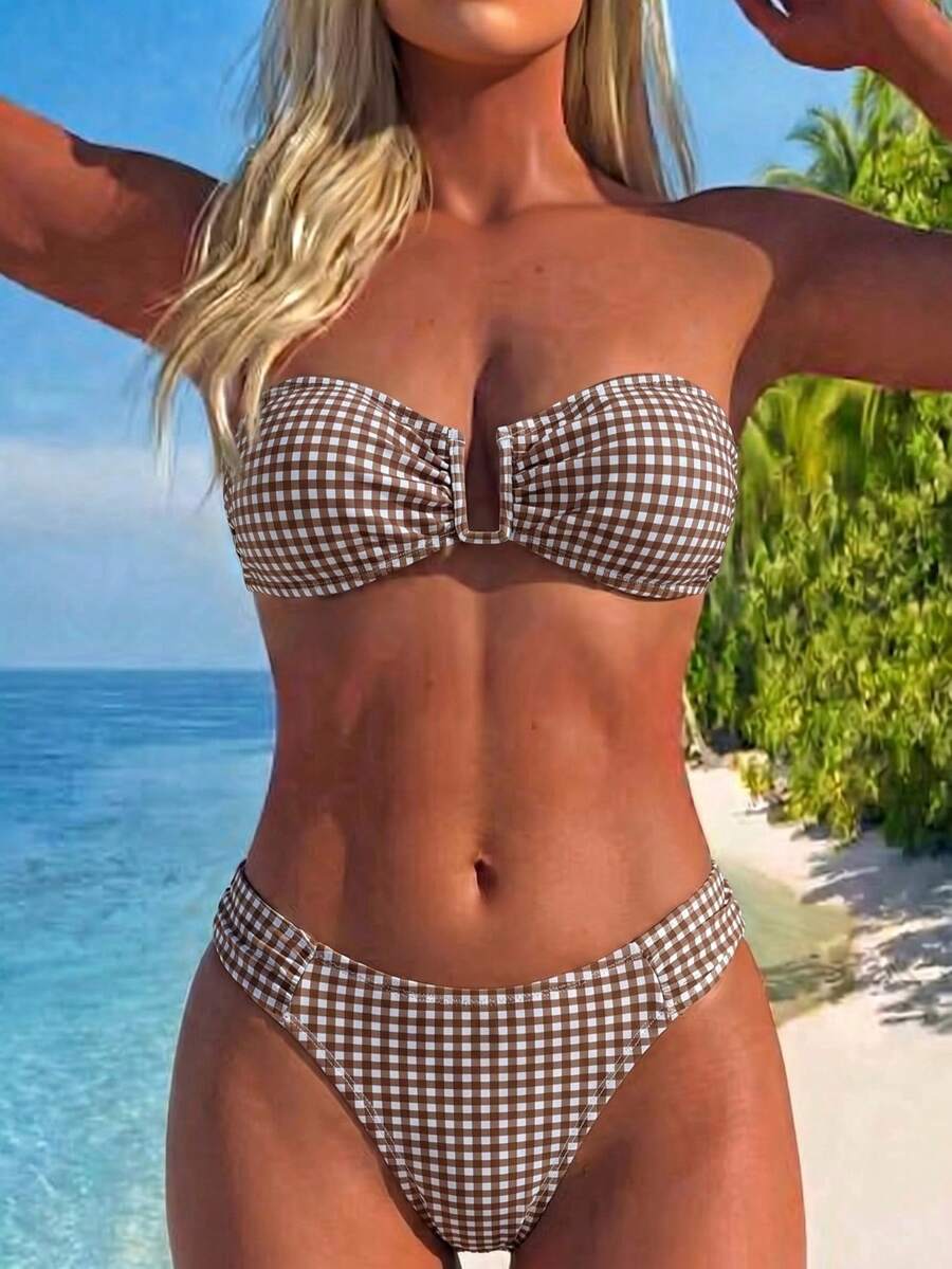 Brown and white small plaid two-piece bikini set featuring a strapless ruched bustier top with back tie and high-waist bottoms.