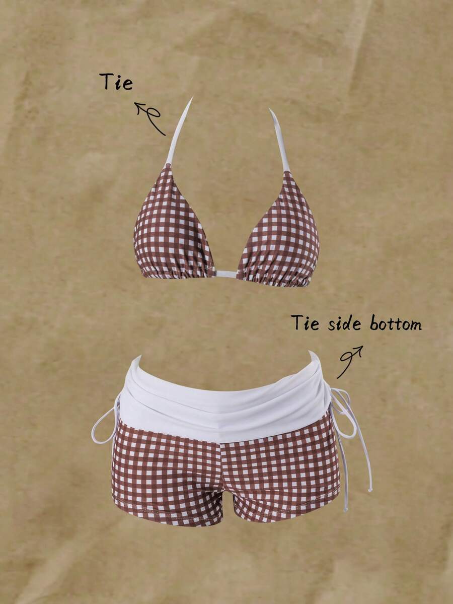Women's halter triangle bikini top with knot detail paired with mid-waist colorblock swim shorts.
