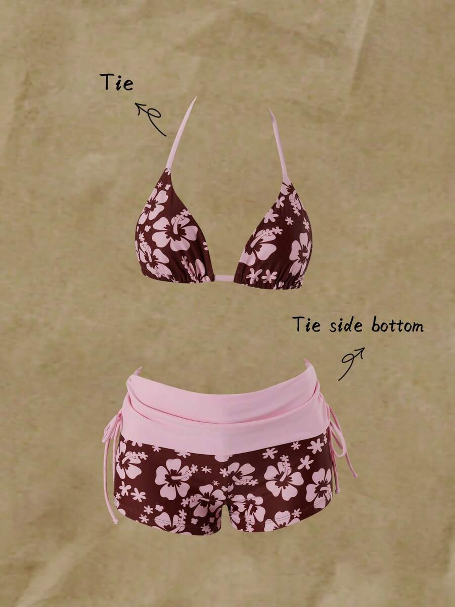 Women's halter triangle bikini top with knot detail paired with mid-waist colorblock swim shorts.