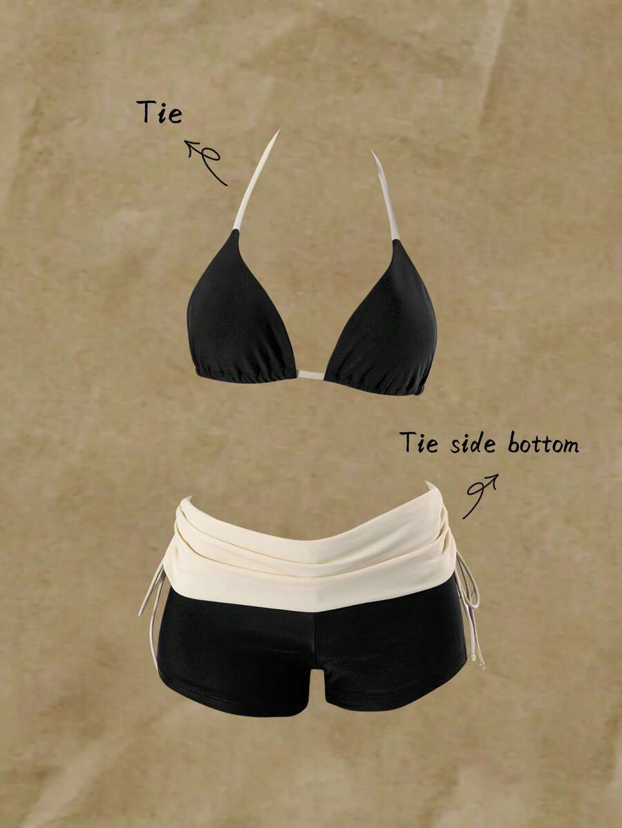 Women's halter triangle bikini top with knot detail paired with mid-waist colorblock swim shorts.