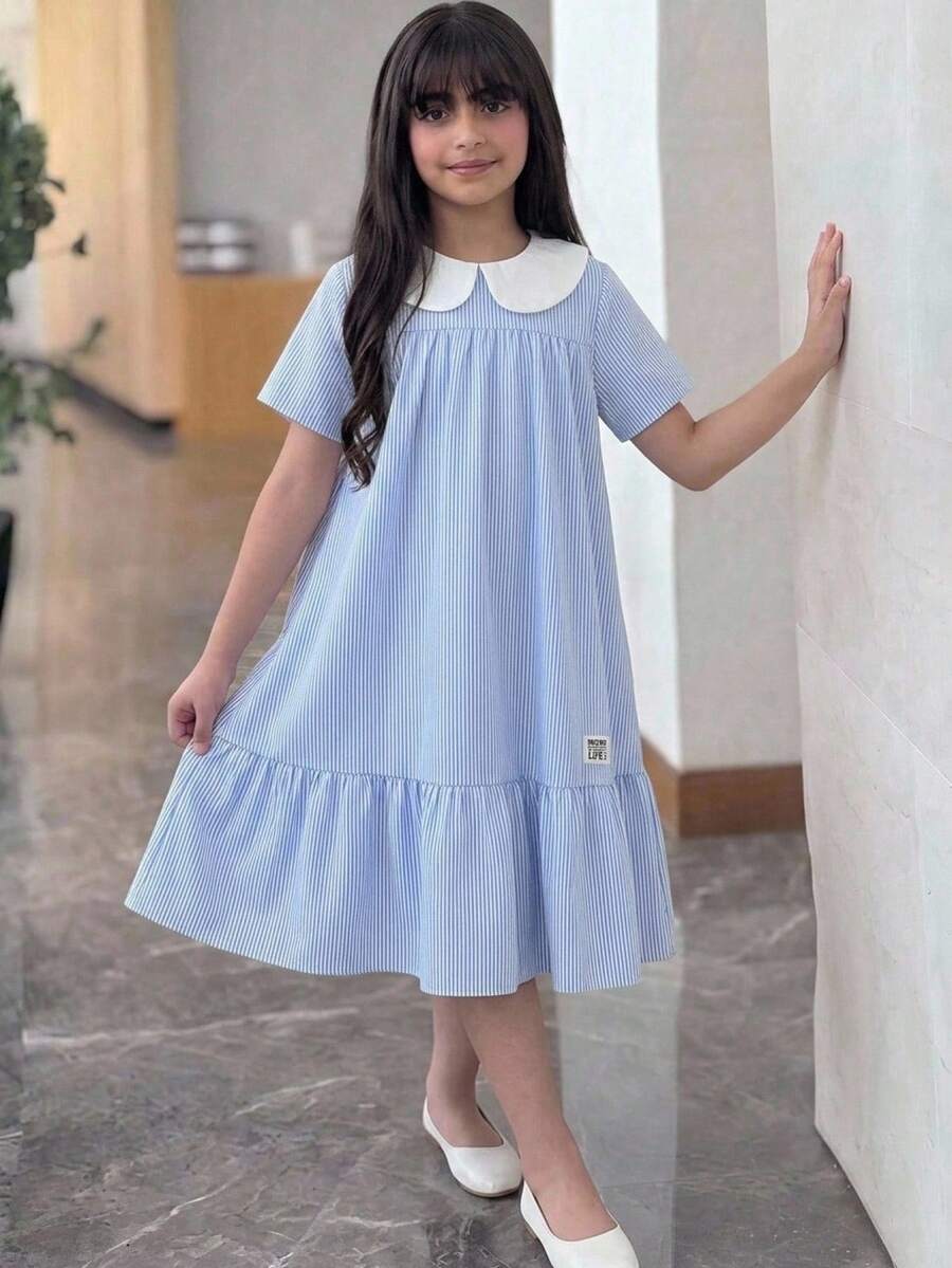 Tween girls casual black and white striped short sleeve smock dress with round neck and flounce hem
