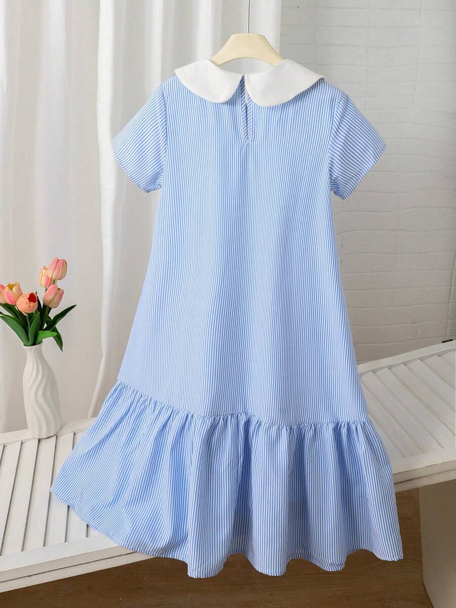 Tween girls casual black and white striped short sleeve smock dress with round neck and flounce hem